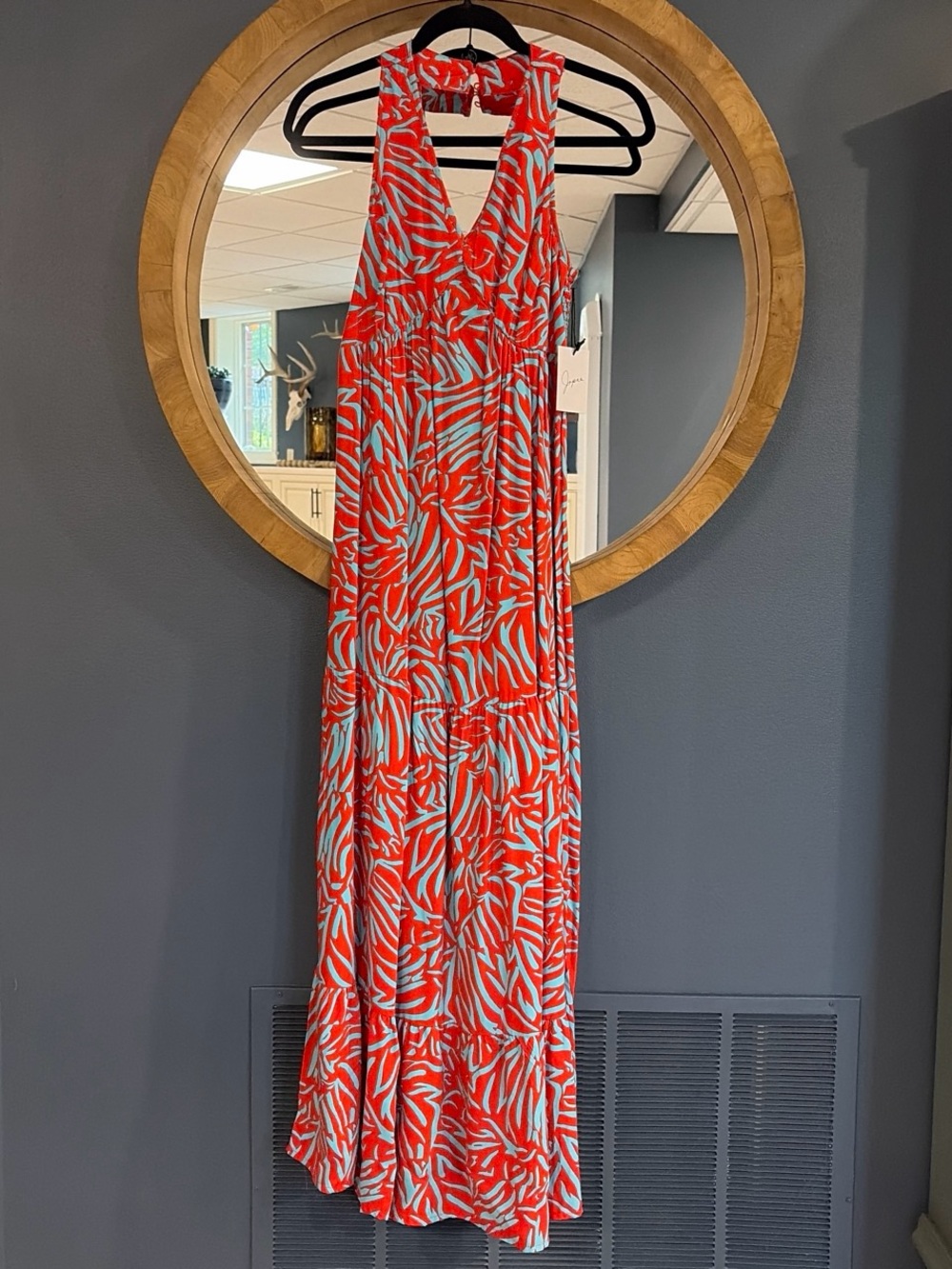 Japna Red and Light Blue Printed Halter Maxi Dress
